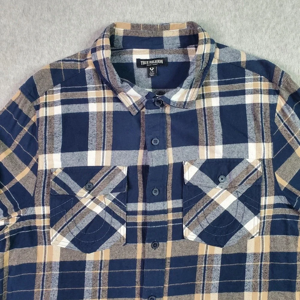 True Religion Shirt Mens Large Blue Plaid Flannel Button Up Long Sleeve Casual